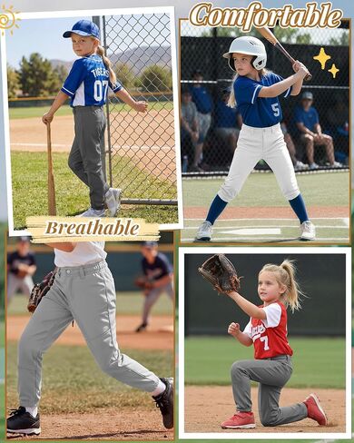 Halfchet 3 Pack Girls Softball Pants Youth Practice Baseball Stretchy Pants with Pockets Belt Loops Toddler for 4t-14y Kids in Saudi Arabia