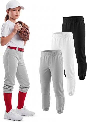 Halfchet 3 Pack Girls Softball Pants Kids Baseball Pant Youth Fastpitch Tee Ball Sweatpants with Pockets 4T-14Y(13-14 Years,Black, Light Gray, White) in Kuwait