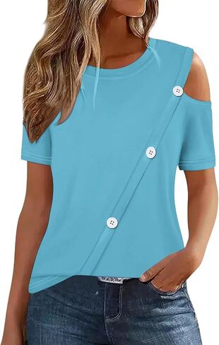 Womens Short Sleeve Cold Shoulder Basic Tee Tops Shirts Tshirts Casual Trendy Dressy Elegant Blouse Tunic Cute Tees in Kuwait