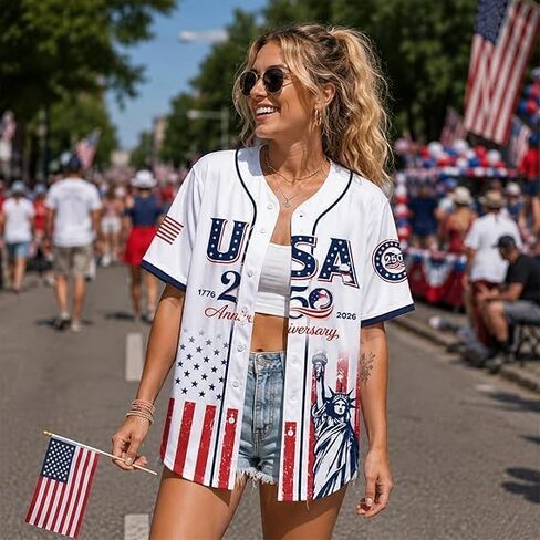 USA 250th Anniversary Baseball Jersey, Patriotic Statue of Liberty Printed Shirt,USA Flag Button-Down Breathable Unisex Shirt in Kuwait