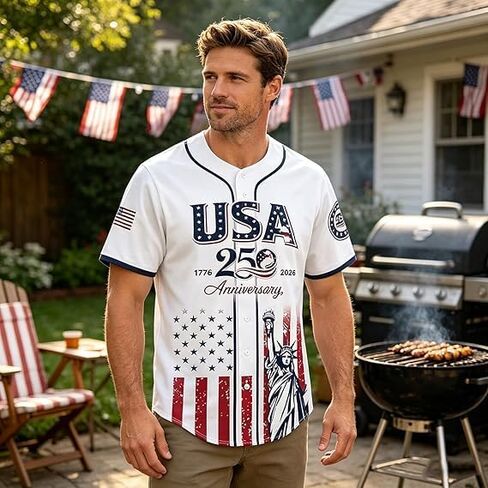 USA 250th Anniversary Baseball Jersey, Patriotic Statue of Liberty Printed Shirt,USA Flag Button-Down Breathable Unisex Shirt in Kuwait
