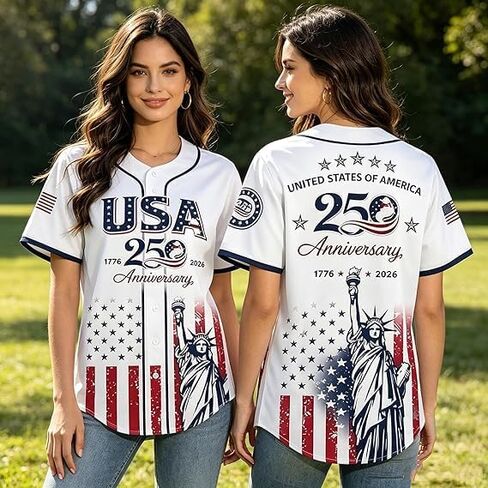 USA 250th Anniversary Baseball Jersey, Patriotic Statue of Liberty Printed Shirt,USA Flag Button-Down Breathable Unisex Shirt in Kuwait
