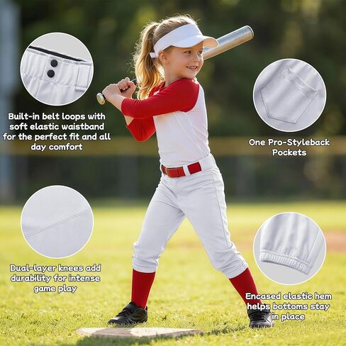 MIVEI 2T - 16Y Girls' Softball Pants - Youth Boys Toddler Baseball Pants Kids Tball Fastpitch Pants with Pocket Belt Loop in Kuwait