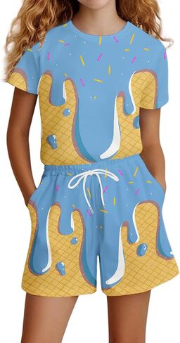Girls Casual Short Sleeve Outfit Set Comfortable Daily Wear Playwear T Shirt Top and Pants for Spring Summer Fall Seasons in Kuwait