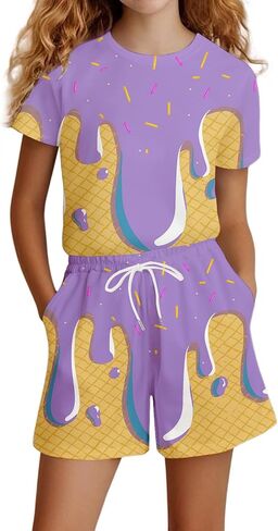 Girls Casual Short Sleeve Outfit Set Comfortable Daily Wear Playwear T Shirt Top and Pants for Spring Summer Fall Seasons in Kuwait