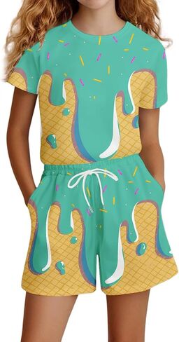 Girls Casual Short Sleeve Outfit Set Comfortable Daily Wear Playwear T Shirt Top and Pants for Spring Summer Fall Seasons in Kuwait