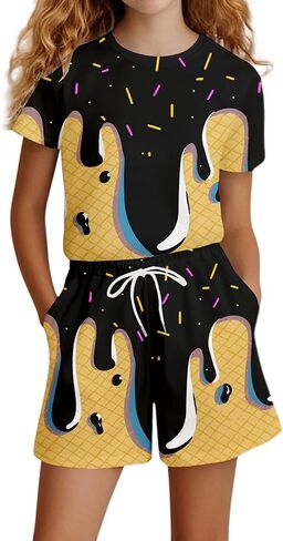 Girls Casual Short Sleeve Outfit Set Comfortable Daily Wear Playwear T Shirt Top and Pants for Spring Summer Fall Seasons in Kuwait