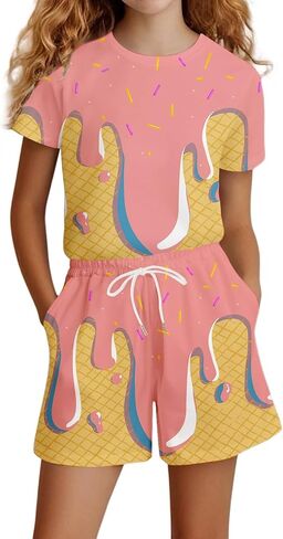 Girls Casual Short Sleeve Outfit Set Comfortable Daily Wear Playwear T Shirt Top and Pants for Spring Summer Fall Seasons in Kuwait