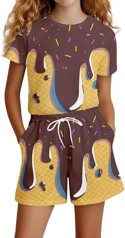 Girls Casual Short Sleeve Outfit Set Comfortable Daily Wear Playwear T Shirt Top and Pants for Spring Summer Fall Seasons in Kuwait