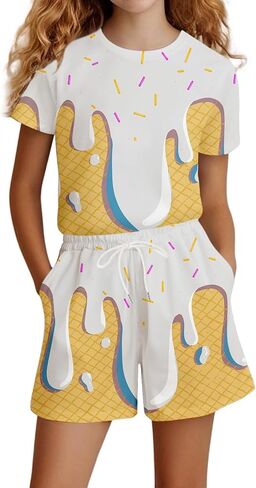 Girls Casual Short Sleeve Outfit Set Comfortable Daily Wear Playwear T Shirt Top and Pants for Spring Summer Fall Seasons in Kuwait