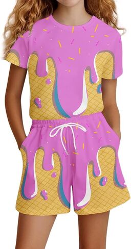 Girls Casual Short Sleeve Outfit Set Comfortable Daily Wear Playwear T Shirt Top and Pants for Spring Summer Fall Seasons in Kuwait