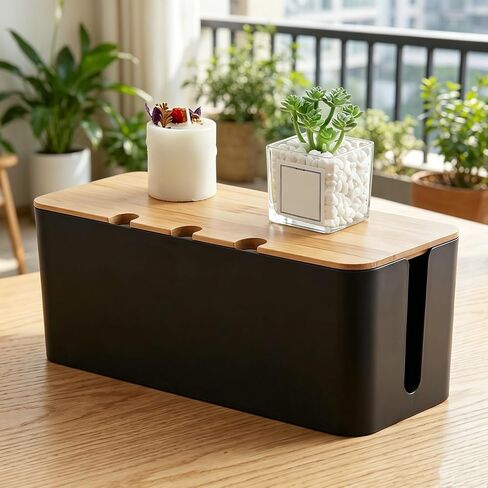 Bamboo Lid Cable Management Box, Plastic Wire Organizer with Holes, Desktop Cable Organizer for Power Strip, Charger, Data Cables, Multiple Colors Available,Elegant White in Saudi Arabia