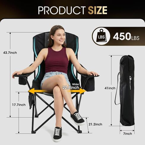 MOON LENCE Heavy Duty Camping Chair, 450LBS Capacity High Back Folding Chair with Cup Holder & Cooler Bag, Portable Outdoor Chair for Camping, Backyard, RV and Beach, 1 Pack in Saudi Arabia