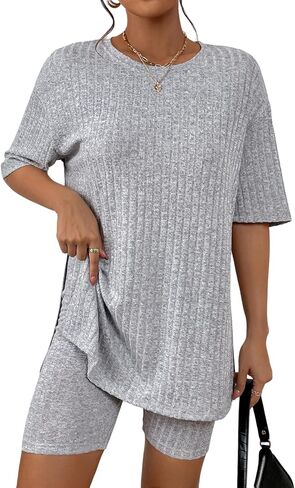Women's Ribbed 2 Piece Outfits Split Half Sleeve Top Biker Shorts Set in Kuwait