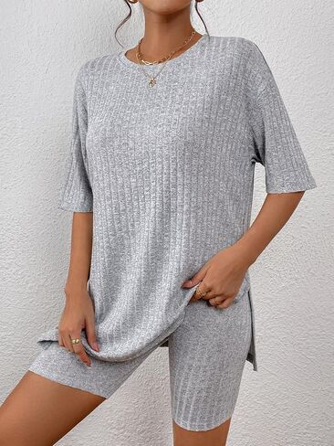 Women's Ribbed 2 Piece Outfits Split Half Sleeve Top Biker Shorts Set in Kuwait