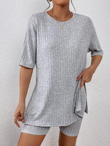 Women's Ribbed 2 Piece Outfits Split Half Sleeve Top Biker Shorts Set in Kuwait