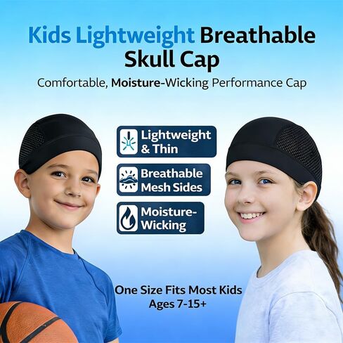 Kids Skull Cap 2 Pack for Boys & Girls, Breathable Mesh Helmet Liner, Lightweight Moisture Wicking Skull Cap for Cycling, Skateboarding, Skiing and Sports, Black in Saudi Arabia