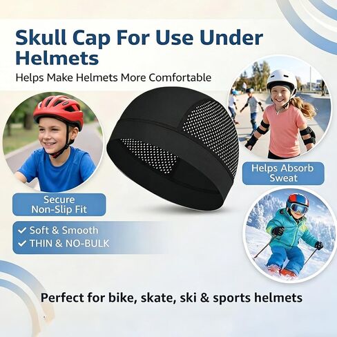 Kids Skull Cap 2 Pack for Boys & Girls, Breathable Mesh Helmet Liner, Lightweight Moisture Wicking Skull Cap for Cycling, Skateboarding, Skiing and Sports, Black in Saudi Arabia