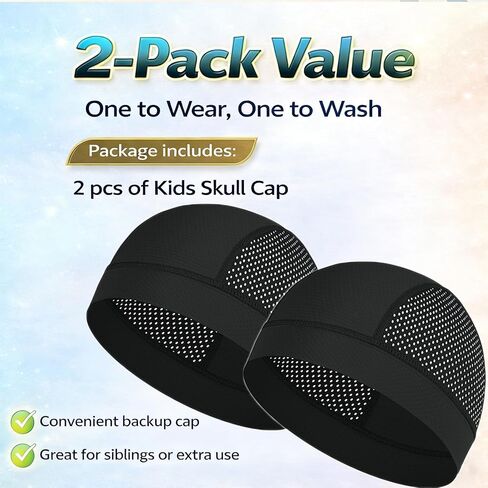Kids Skull Cap 2 Pack for Boys & Girls, Breathable Mesh Helmet Liner, Lightweight Moisture Wicking Skull Cap for Cycling, Skateboarding, Skiing and Sports, Black in Saudi Arabia