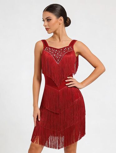 Women's Latin Dance Dress - Sparkly Rhinestones Fringe Salsa Ballroom Dance Outfit Stage Performance Costume in Kuwait