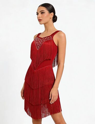 Women's Latin Dance Dress - Sparkly Rhinestones Fringe Salsa Ballroom Dance Outfit Stage Performance Costume in Kuwait