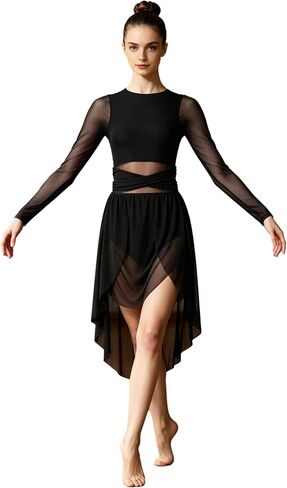Women Lyrical Dance Dress-Elegant Long Sleeve Water-Drop Back Asymmetrical Tulle Skirt Dance Costume in Saudi Arabia
