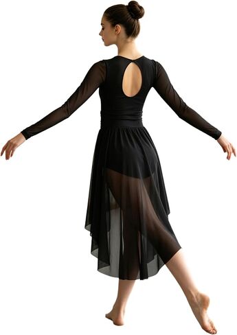 Women Lyrical Dance Dress-Elegant Long Sleeve Water-Drop Back Asymmetrical Tulle Skirt Dance Costume in Saudi Arabia