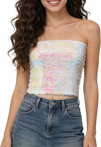Sequin Tube Top Stretchy Womens Sparkly Strapless Crop Tops for Party Clubwear in Saudi Arabia
