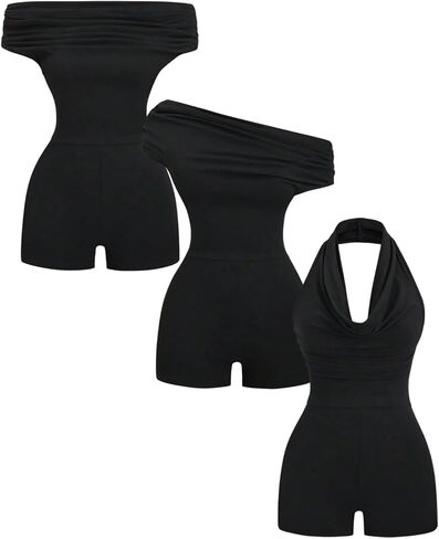 OYOANGLE Women's Workout Jumpsuit Off The Shoulder Ruched Rompers Backless Halter Unitard Bodycon Short Romper in Kuwait