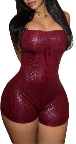 Floerns Women's Faux Leather Sleeveless Bodycon Romper Concert Outfit Playsuit Unitard Jumpsuit in Kuwait