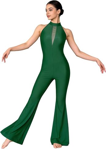 Womens Unitard Dance Costume Sleeveless One Piece Flare Bell-Bottom Jumpsuits for Dance and Workout in Saudi Arabia