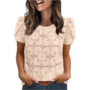 Women Blouses Dressy Casual Petal Short Sleeve Eyelet Lace Tops Spring Summer Crochet Shirts Boho Beach Vacation Clothes in Kuwait