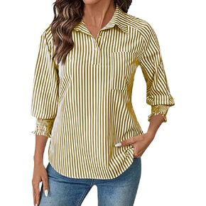 Women’s Striped Button Down Shirt Long Sleeve Collared Office Work Blouses Office Work Loose Fit Tops with Pocket in Saudi Arabia