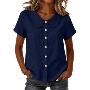 Summer Tops for Women Cotton Linen Shirts Button Down Lightweight Cute Tee Shirts Lapel Collar Loose Blouse Shirt in Kuwait