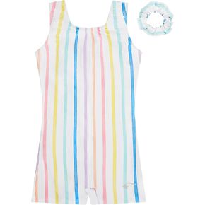 Destira Girls Gymnastics Unitard - Candy Stripes Sleeveless Biketard Rainbow Pastel Activewear, Matching Scrunchie Included in Saudi Arabia