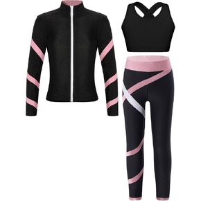 YiZYiF Kids Girls 3pcs Figure Ice Skating Training Suit Long Sleeve Jacket Sleeveless Crop Tops with Skating Pants Set in Saudi Arabia