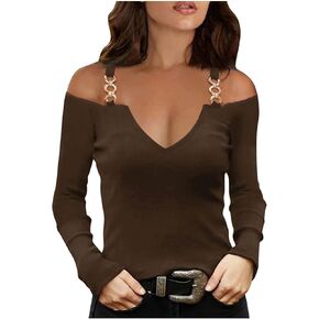 Womens Off The Shoulder Long Sleeve Tops T Shirt Sexy Chain Straps Tees Casual Solid Tunic Blouse 2025 Spring Clothes in Kuwait