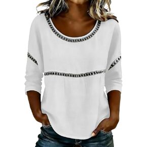 Women's Elegant Lace Patchwork Linen Shirt 3/4 Sleeve Crochet Tunic Tops Summer Casual Lightweight Going Out Blouses in Kuwait