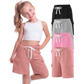 4 Pack Girls' Cargo Bermuda Shorts Kids Casual Drawstring Knee Length Pants Baggy Shorts with Pockets 5-16 Years in Saudi Arabia