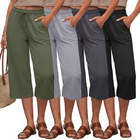 Xaatren 4 Pack Women's Capri Pants Wide Leg Cotton Capris Drawstring Workout Lounge Cropped Pants with Pockets Ladies in Kuwait