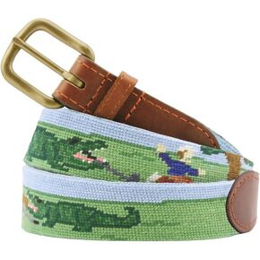 Smathers & Branson Mens Beware Gators Needlepoint Belt |Genuine Leather |Anti-Scratch Brass Buckle -Durable & Stylish -Green in Saudi Arabia