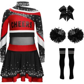 Kids Girls Cheer Leader Uniform Cheerleading Outfit Halloween Cheer Dance Top Skirt Set with Pom Poms Red Black 14 Years in Saudi Arabia