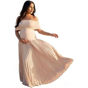Cichic Women's Off Shoulder Maternity Maxi Dress, Pleated Flowy Gown for Photoshoot Baby Shower Wedding Beach, Nude/Beige in Saudi Arabia