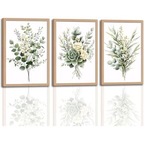 3Pcs Framed Vintage Botanical Wall Art Plant Floral Watercolor Canvas Prints Sage Green Painting Eucalyptus Leaf Picture Modern Minimalist Boho Bedroom Bathroom Living Room Ready to Hang 16x24in in Saudi Arabia