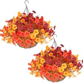 2 Set Artificial Outdoor Flowers with Hanging Baskets,24 Pcs UV Resistant Faux Petunias Flowers with Hanging Planter for Front Door Porch Spring Outside Decor (2, White,Yellow,Purple,RedViolet) in Saudi Arabia