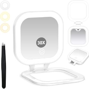 GOMIPURU Travel Mirror with Light, Compact Mirrors, 1x/30x Magnifying Mirror with 3 Color Lights and Adjustable Brightness, 4.5x3.9 inch Small Compact Hangable Hand Pocket Mirrors, Comes with Tweezer in Saudi Arabia