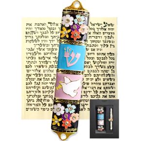 Exquisite Enamel Design Mezuzah with Scroll, Easy Install Use Double-Sided Tape, Dove with an Olive Branch Theme Mezuzah for Door with Crystal Diamond Accent for Any Jewish Occasions, 3.8" in Kuwait