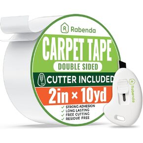 Rabenda Double Sided Carpet Tape for Area Rugs, No Residue Strong Rug Tape Gripper for Hardwood Tile Laminate Floors, Includes Anti Stick Cutter (2in x 10yd) in Saudi Arabia