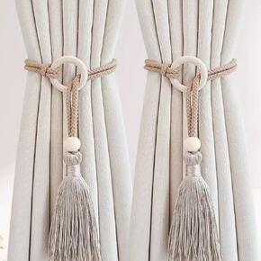 2 PCS Curtain Tiebacks, Minimalist Light Luxury Wooden Ring Tassel Woven Rope Curtain Holdbacks for Home Decor (Off-White, Style A) in Saudi Arabia