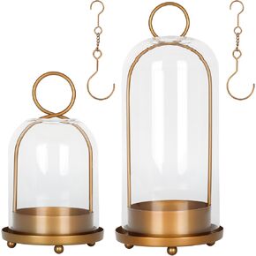 Dreamtrues 5.2" & 4.5" Hurricane Glass Candle Holders – Set of 2 Brass Metal Candle Holder Lanterns with Thick Glass Dome, Shabby Chic Style for Tabletop or Hanging, Fit Pillar Candles & Plants in Saudi Arabia